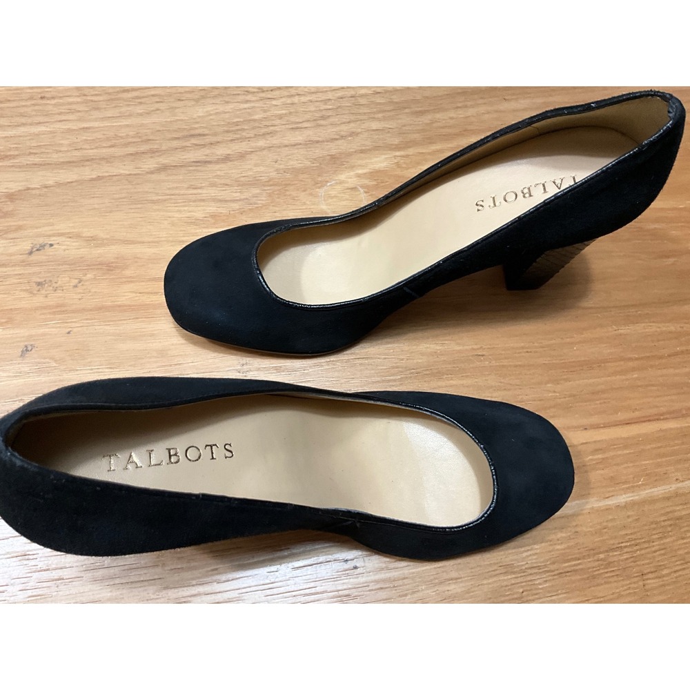 Talbots Black Suede Round Toe Block Heel Pumps Snakeskin Embossed 8.5M